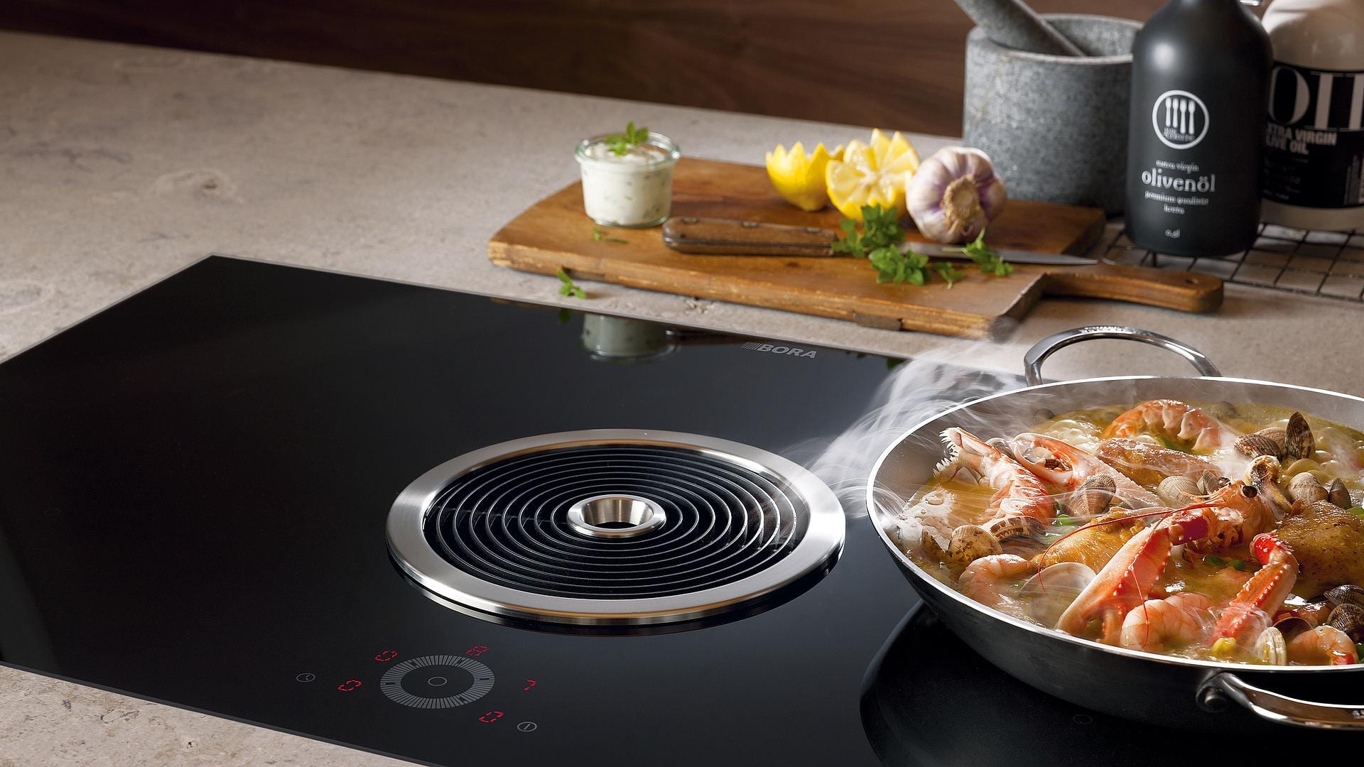 bora hob in La Fabrico kitchen showroom in Exeter