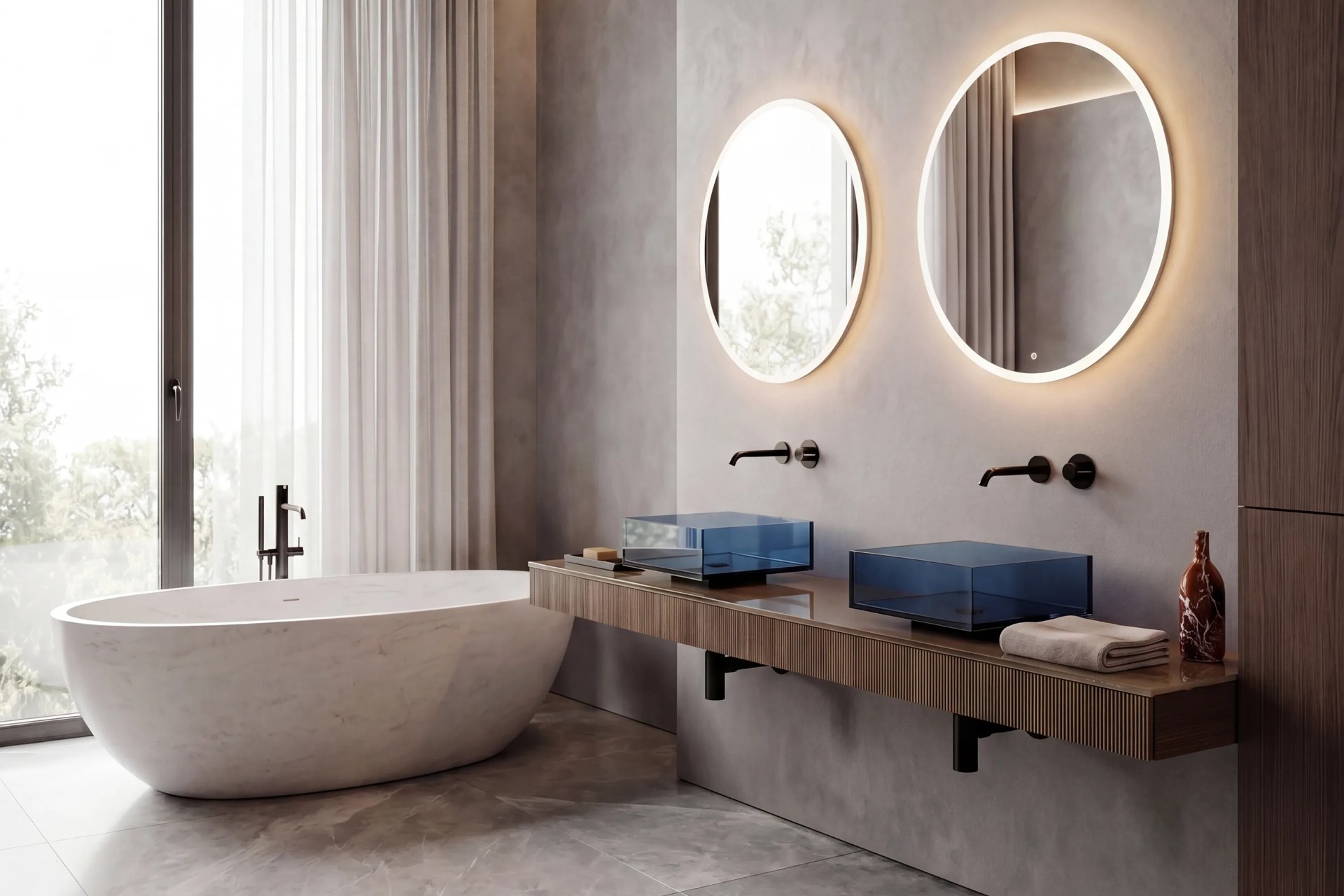 Artelinea bathroom with a freestanding bath, blue basins and a round illuminated mirror