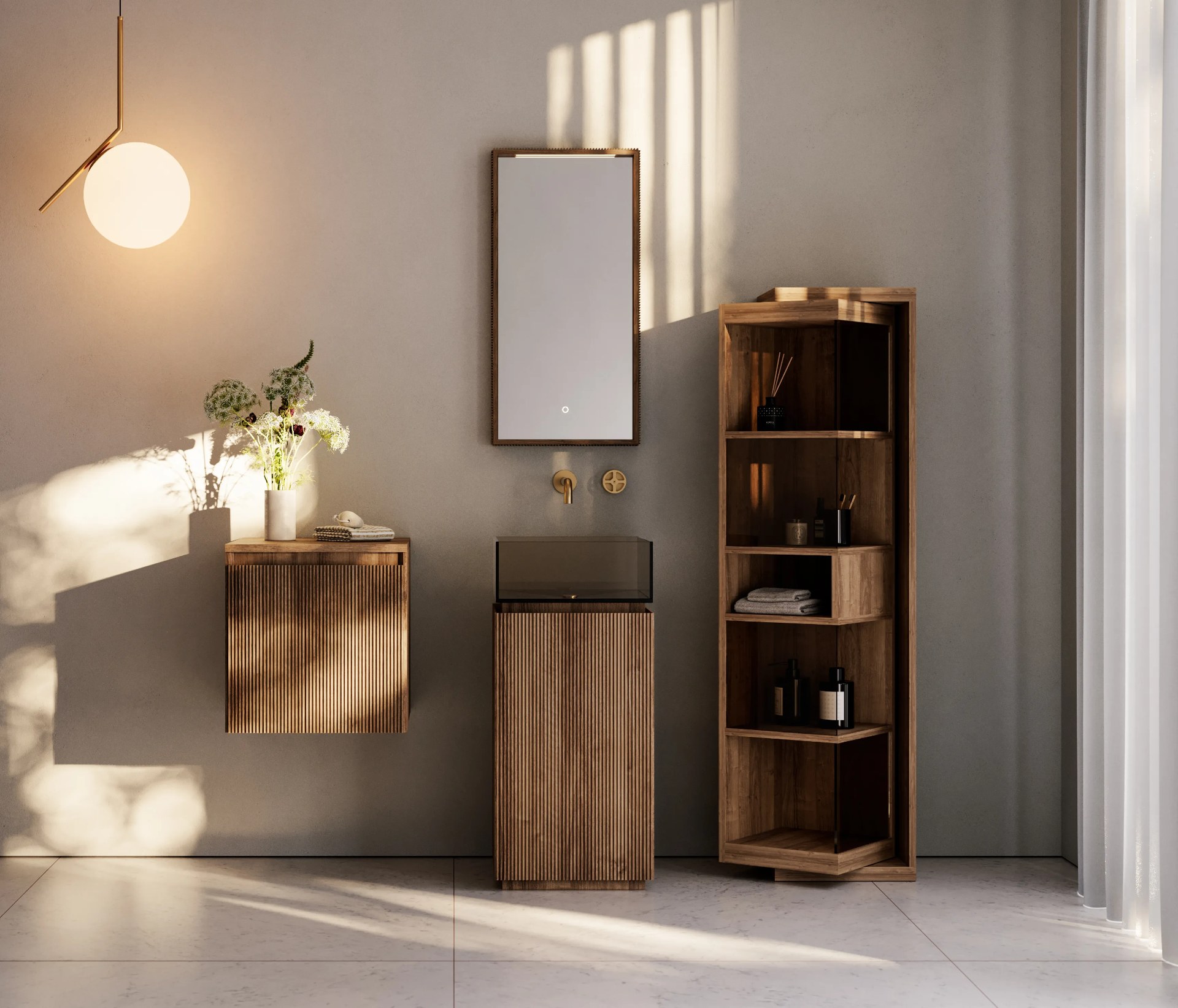Artelinea glass and wood bathroom furniture beside a framed mirror