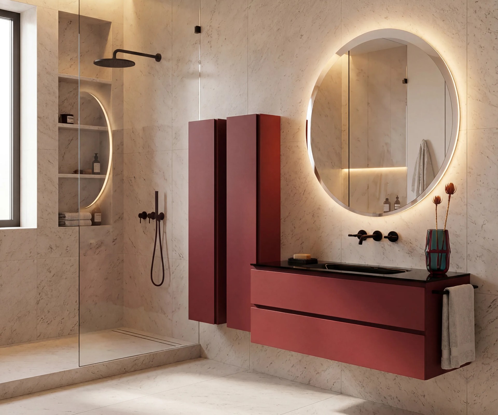 Artelinea red bathroom furniture with a round illuminated mirror
