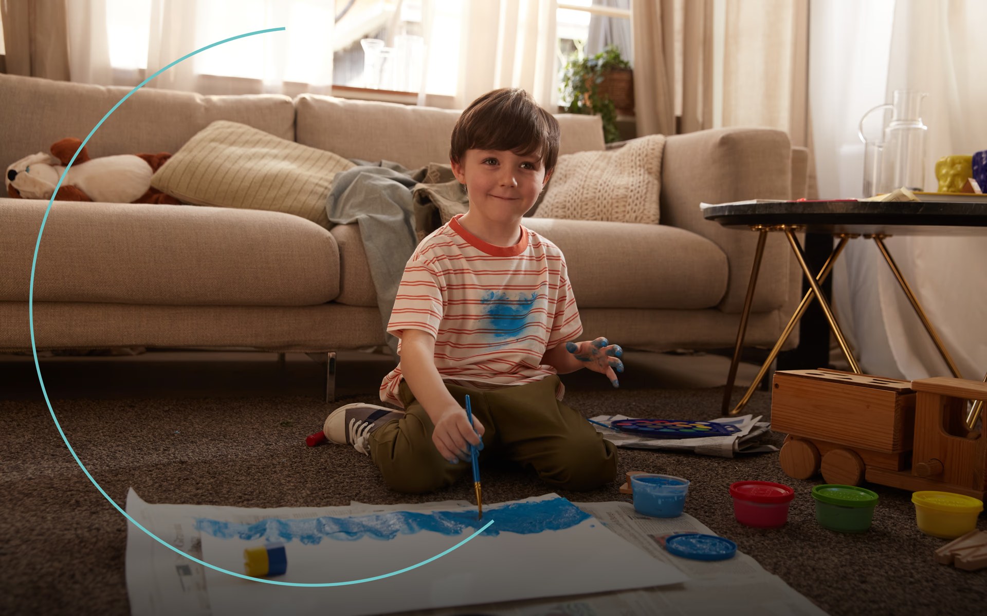 Child playing on the floor of a family living room