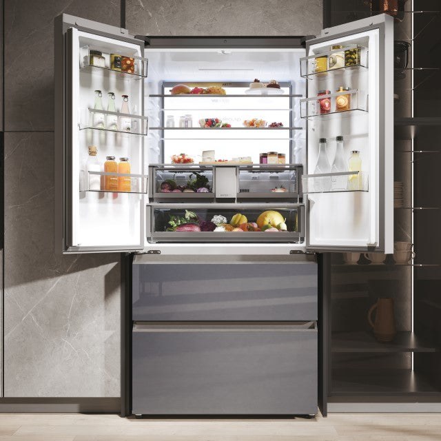 Haier French door fridge freezer with the doors open