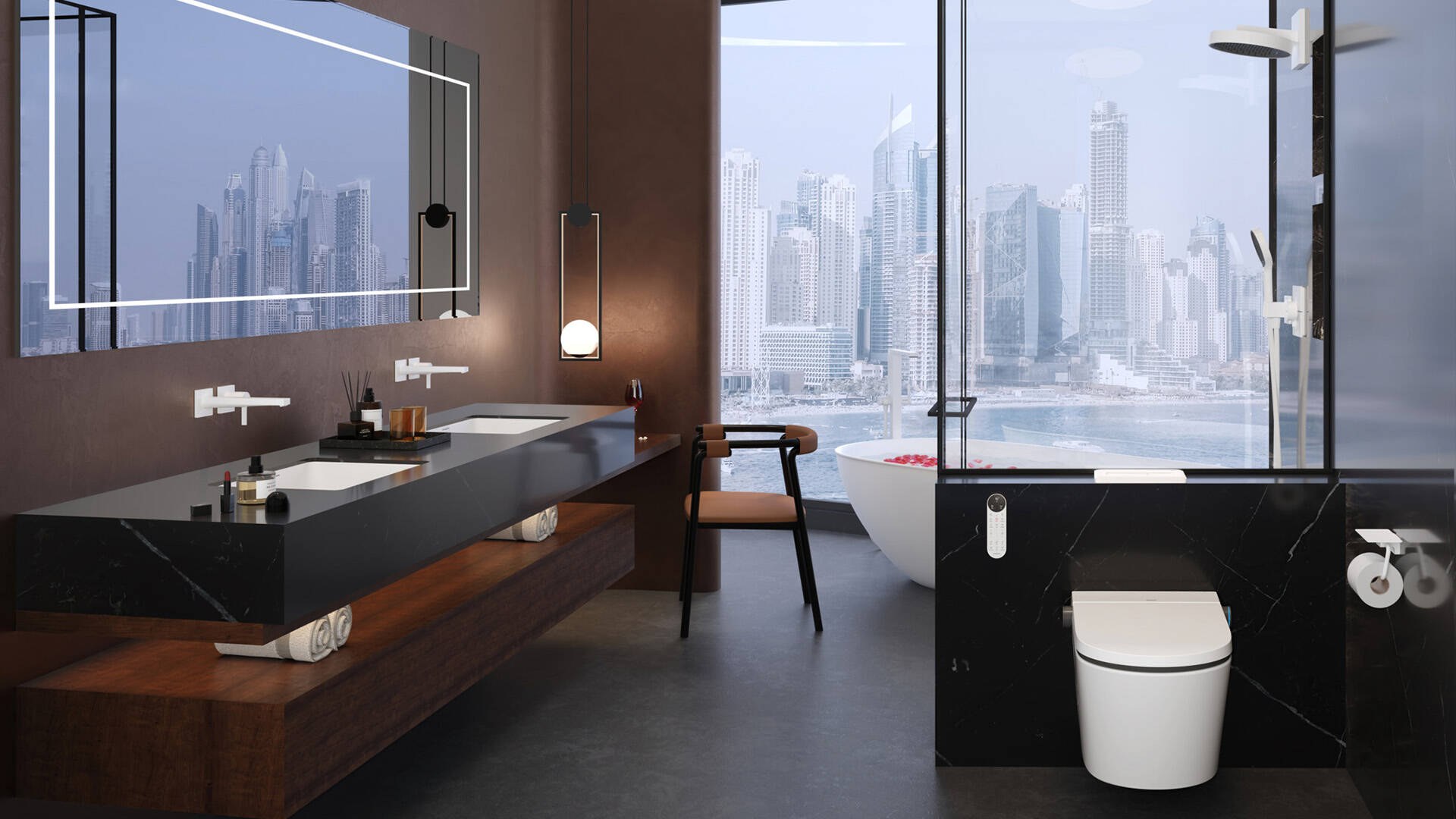 hansgrohe Pulsify shower in matt white with a city skyline view