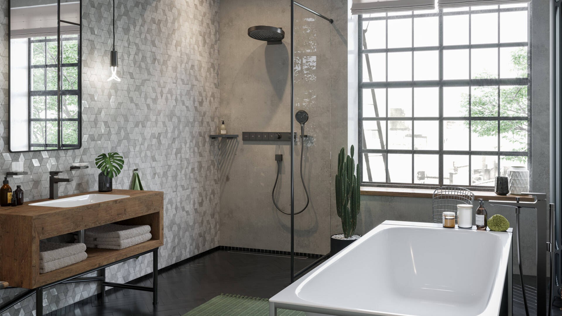 hansgrohe Rainfinity shower in brushed black chrome in an industrial style bathroom