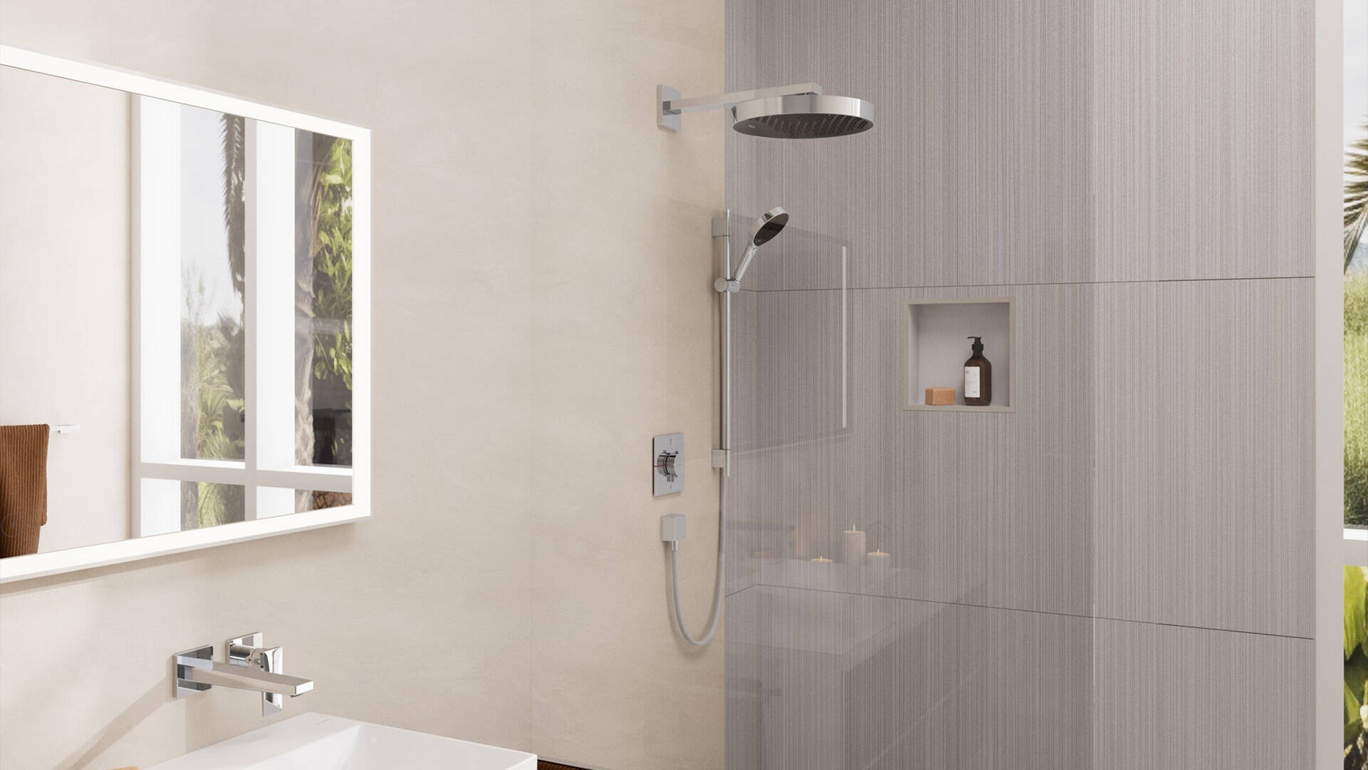 hansgrohe Rainfinity shower in chrome in a bright bathroom