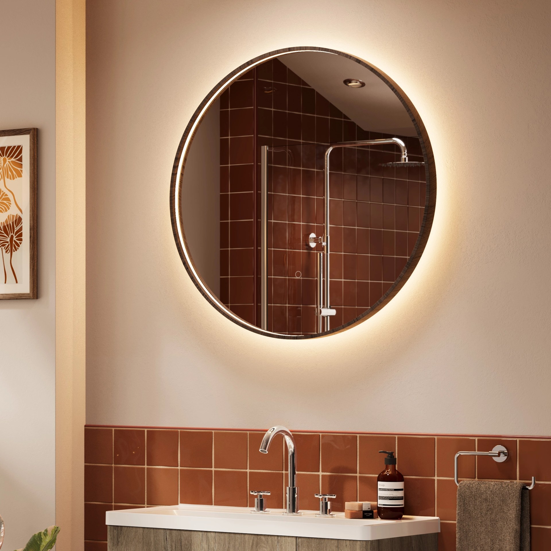 hib Arbor LED mirror above a basin in a warm toned bathroom