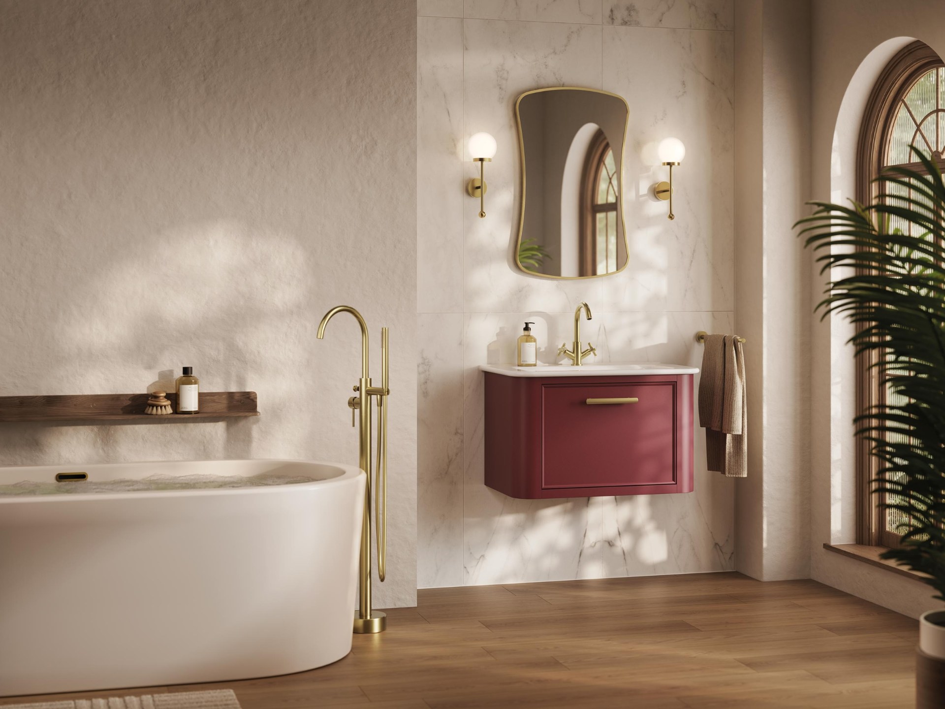hib Poise mirror above a vanity unit in a bright bathroom with an arched window