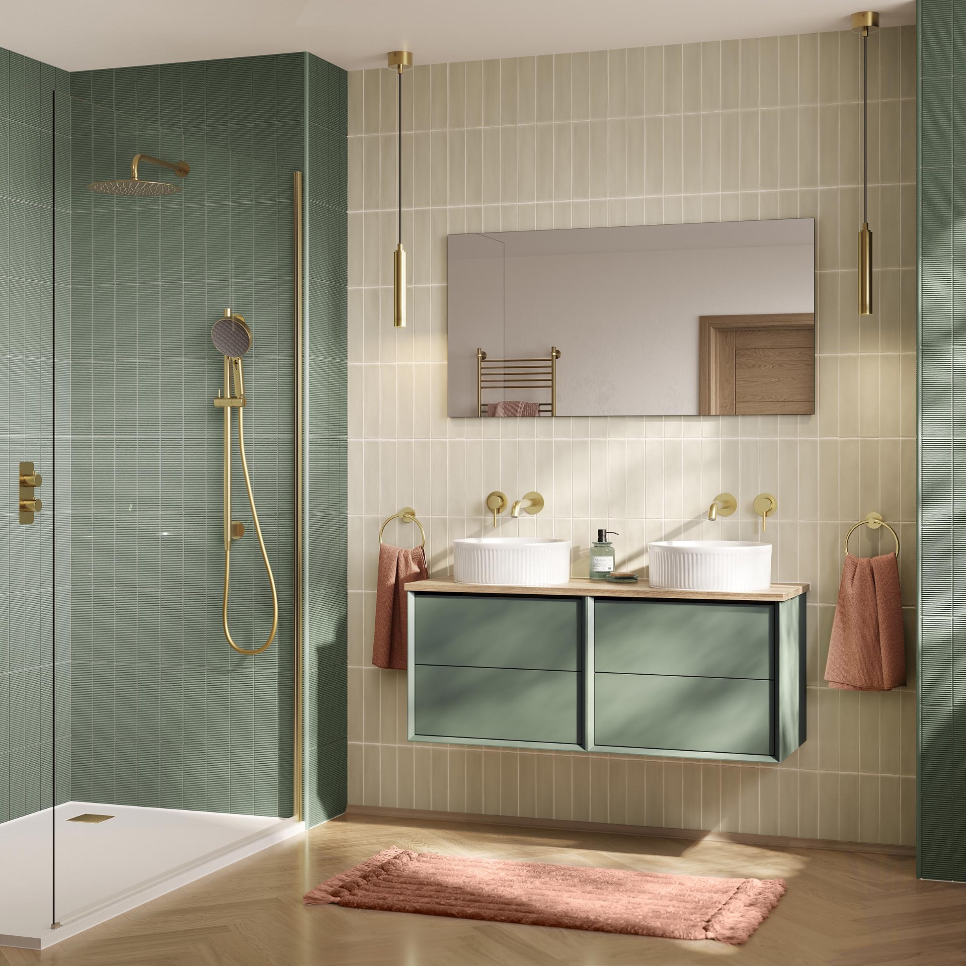 hib Willow mirror above a vanity in a green toned bathroom