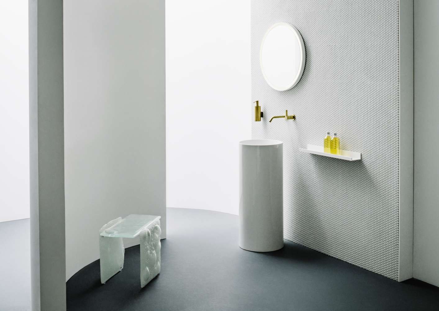 Laufen VOLTA bathroom with round mirror and freestanding basin