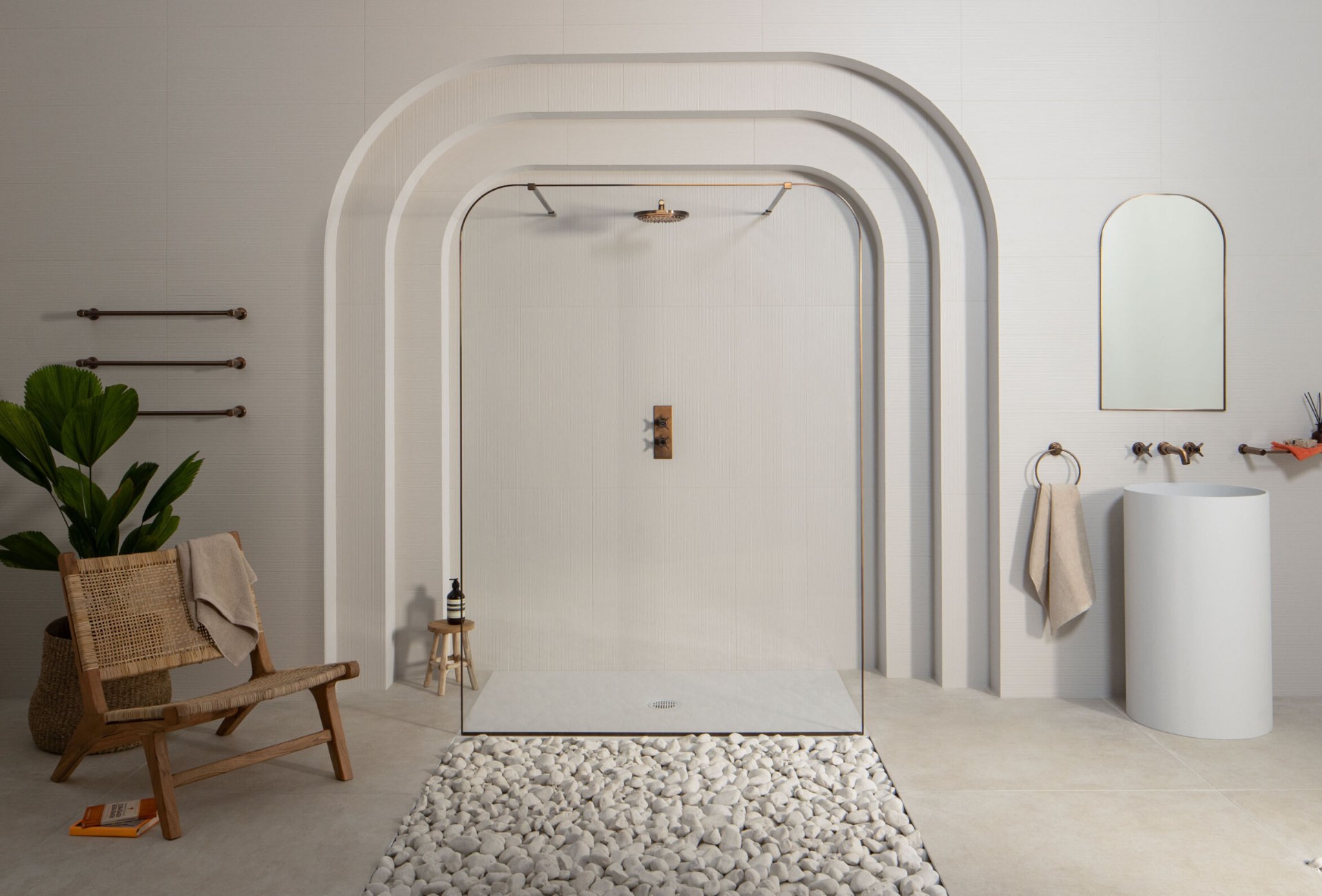 Matki EauZone Dome twin entrance wet room panel in an arched bathroom