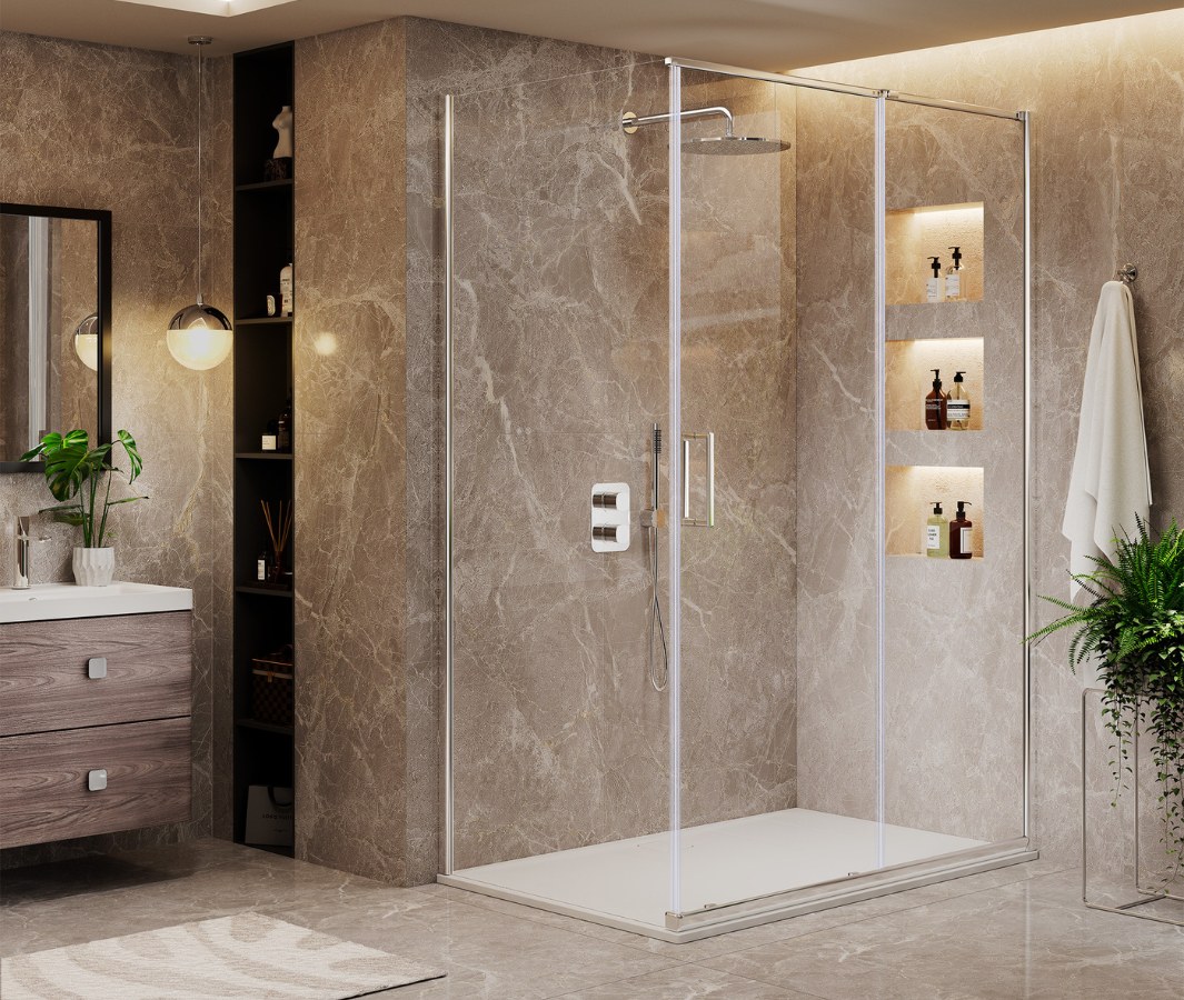 Merlyn ARYSTO Eight shower enclosure in a marble effect bathroom