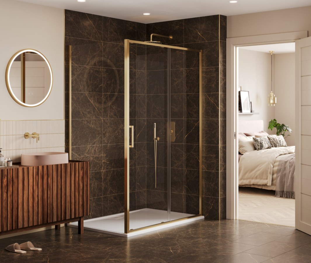 Merlyn ARYSTO Sleek shower enclosure with a brass frame