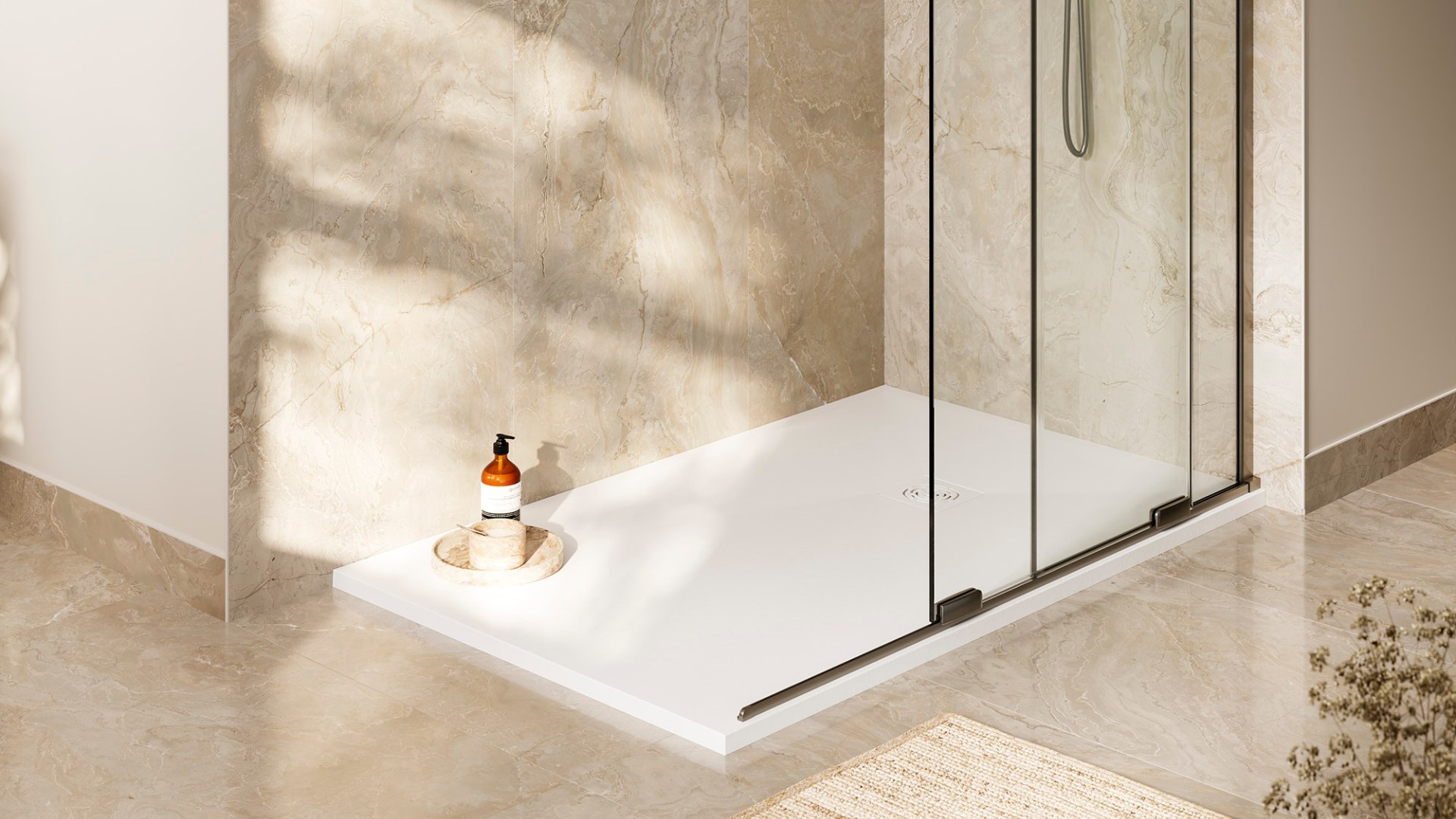 Merlyn ARYSTO shower door with an ARYSTO STONE shower tray