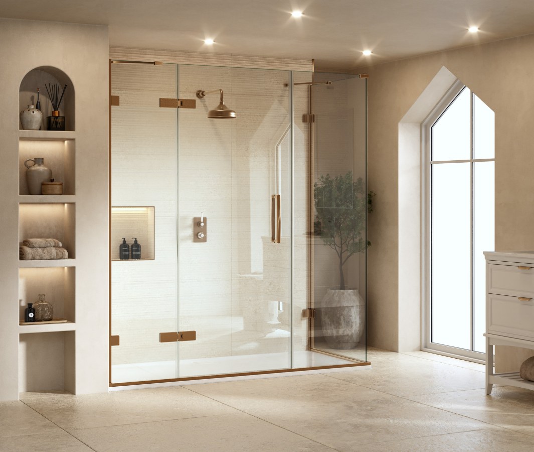 Merlyn ARYSTO Ten shower enclosure with brushed brass fittings