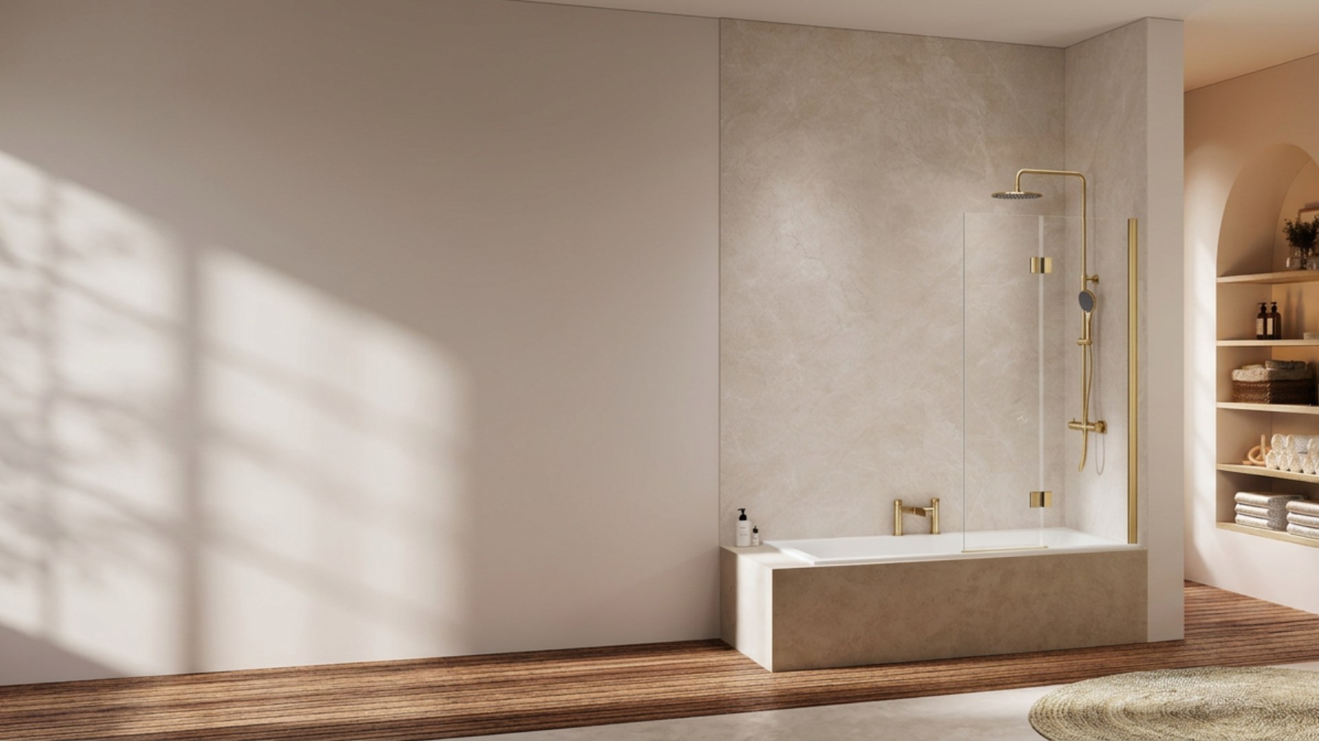 Merlyn bath screen fitted over a bath in a bright bathroom