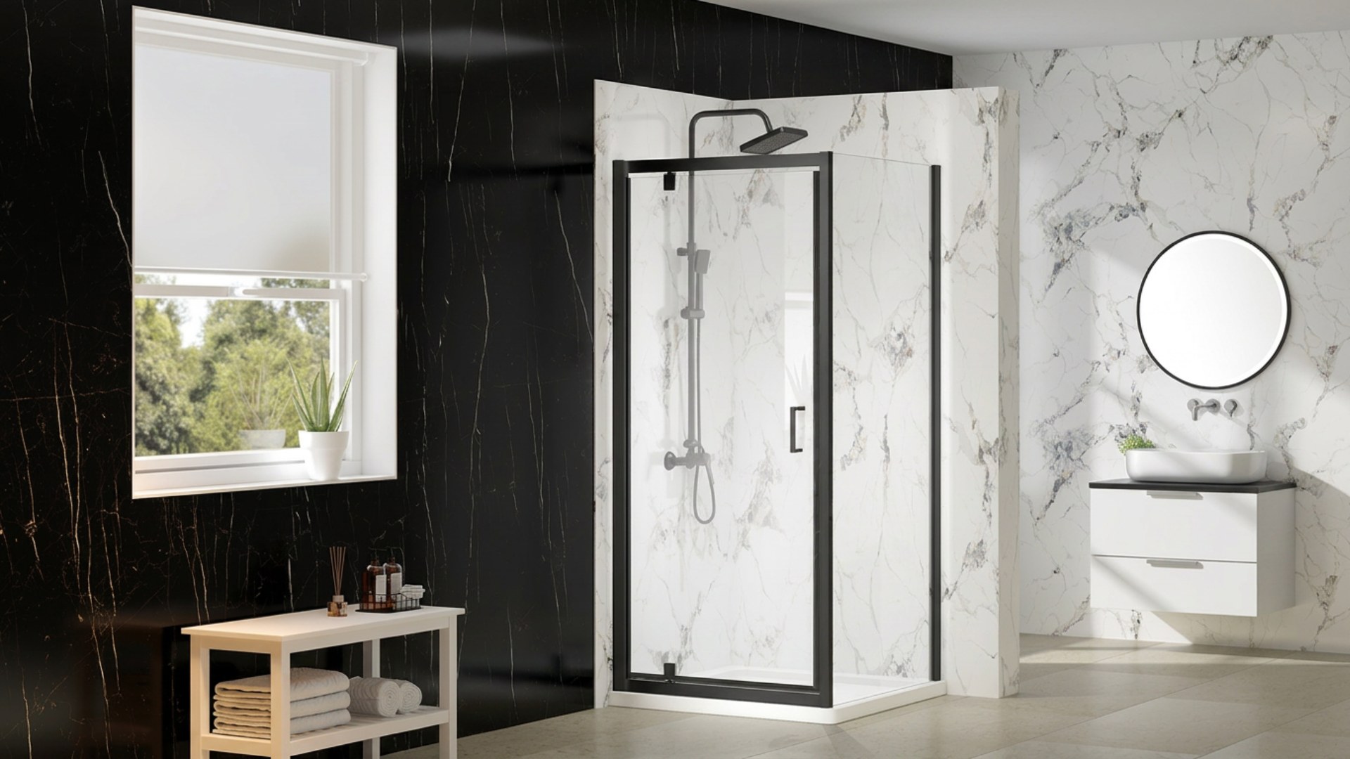 Merlyn shower enclosure with a black frame in a dark bathroom