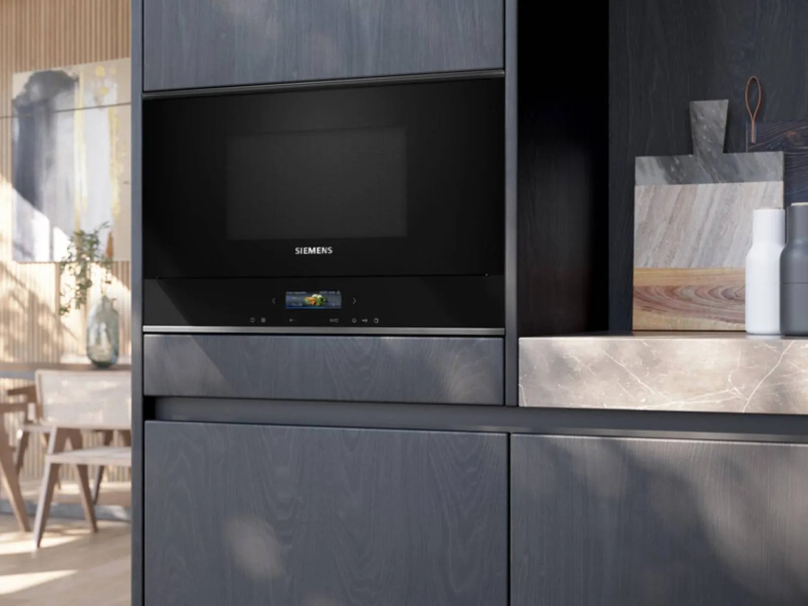 Siemens built-in microwave in a grey kitchen
