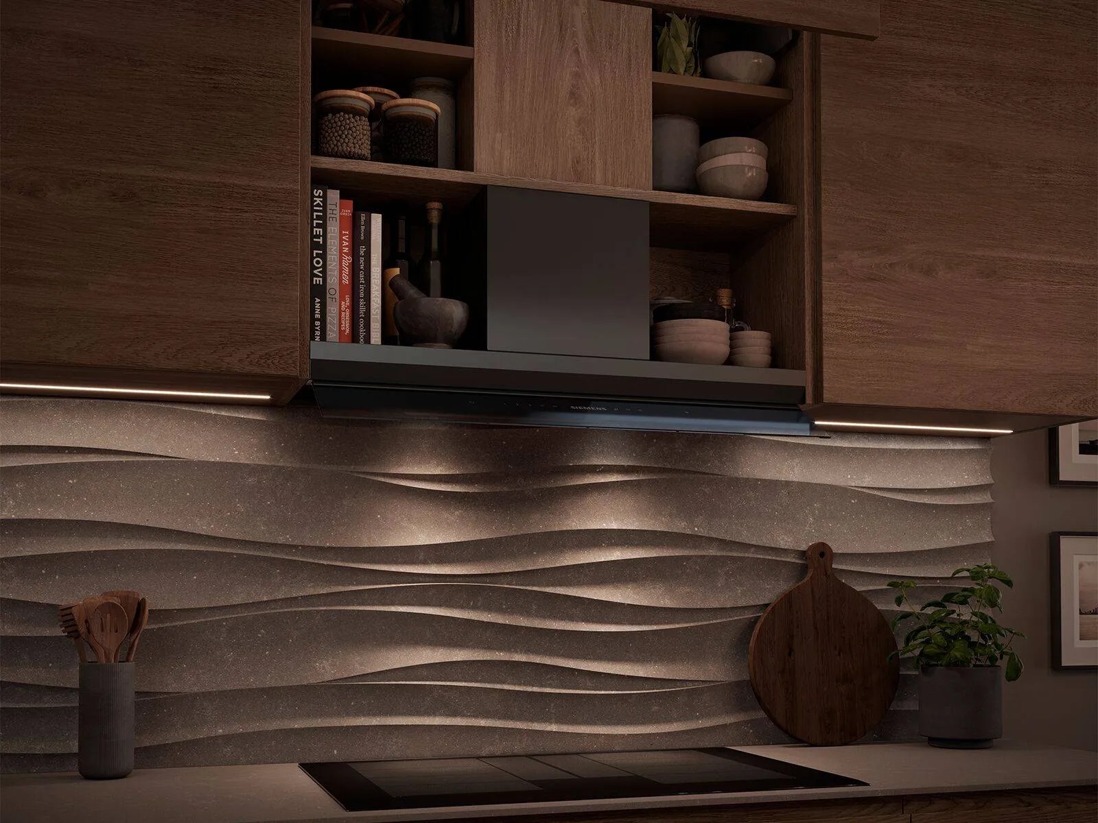 Siemens hob and cooker hood in a wood and stone kitchen